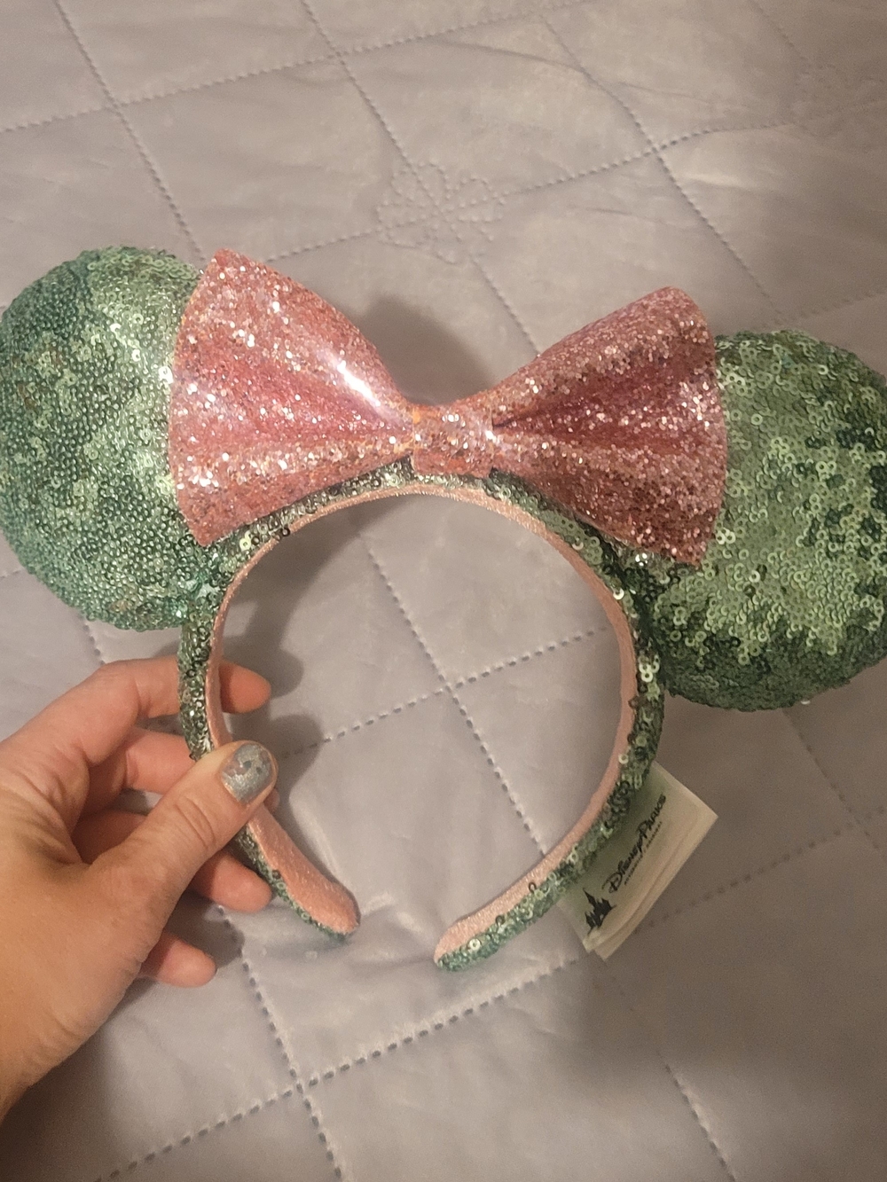 Disney Parks Mint Green Sequin Minnie Mouse Ears Headband Rose Gold Bow